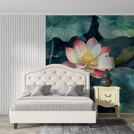 Pink Lotus Flower Wallpaper in modern living room creating serene atmosphere