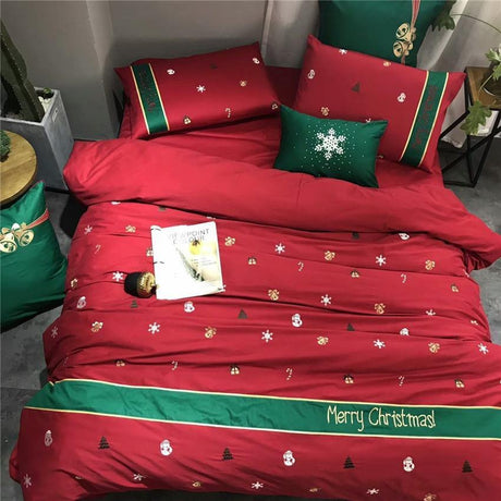 Christmas Cotton Duvet Cover Set  Festive Red Holiday Pattern - Product showcase