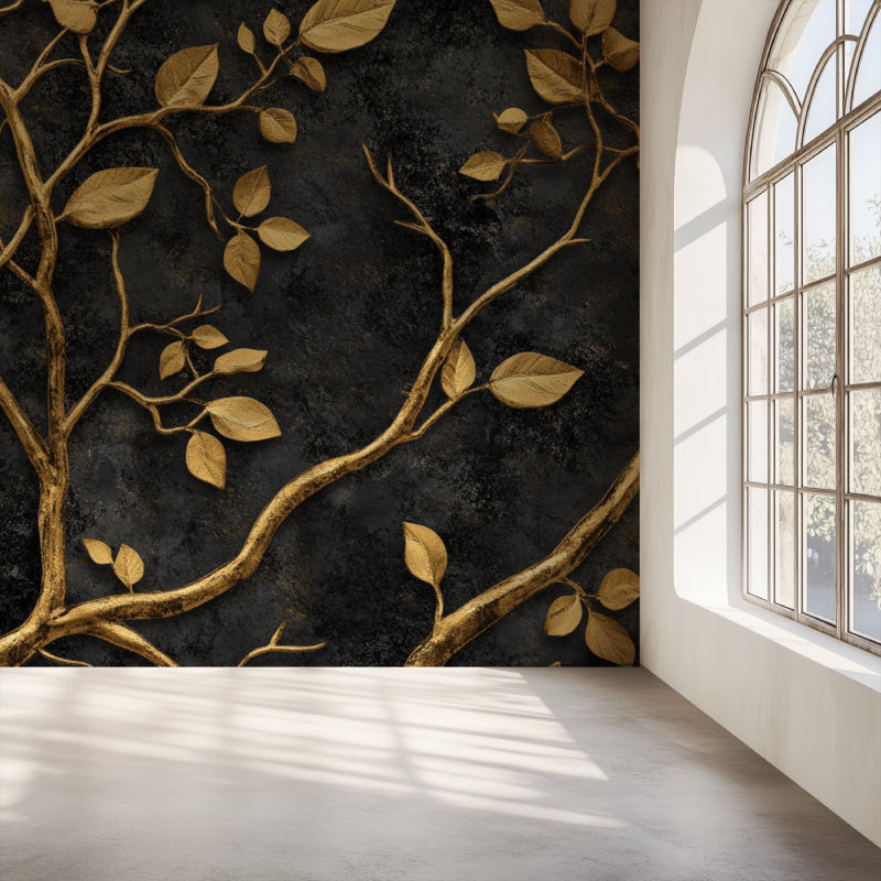 Luxury gold tree wallpaper creating drama in a modern living room with black furniture