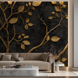 Black and gold tree mural making a statement in an elegant dining room