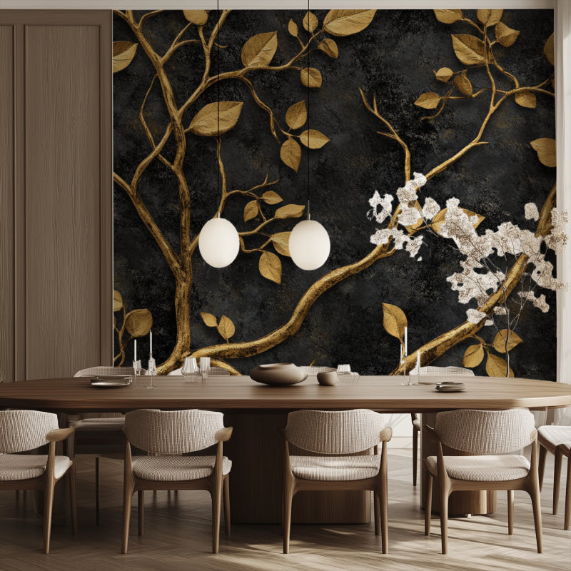 Tree pattern wallpaper showcasing metallic details in a home office