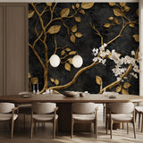 Tree pattern wallpaper showcasing metallic details in a home office