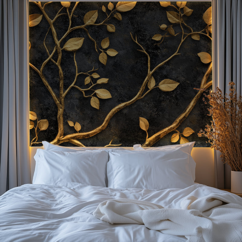 Black and gold tree design creating depth in an entrance hallway