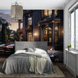 Luxury mansion wallpaper in modern living room showing sleek sports car and sunset