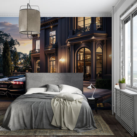 Luxury mansion wallpaper in modern living room showing sleek sports car and sunset