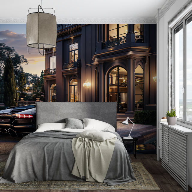 Luxury mansion wallpaper in modern living room showing sleek sports car and sunset