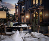 Sports car and luxury villa wallpaper displayed in home office space