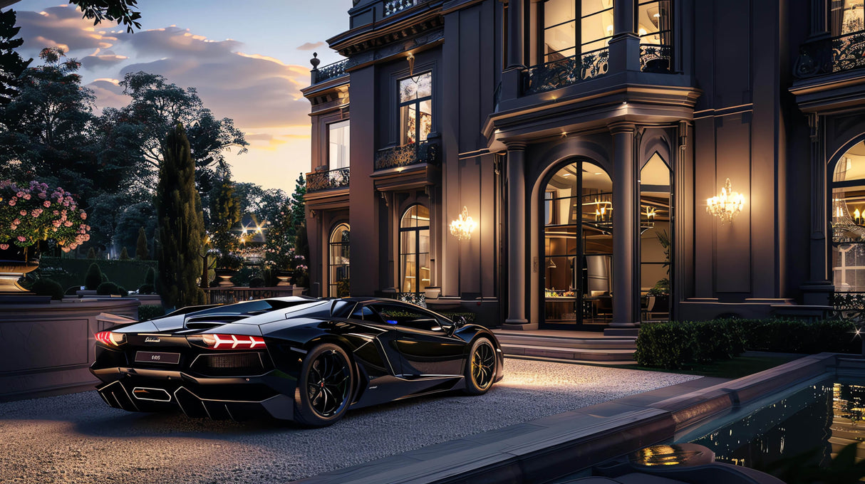 Design file showing detailed luxury mansion and sports car pattern in golden sunset glow