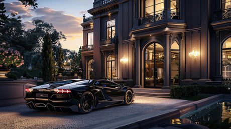 Design file showing detailed luxury mansion and sports car pattern in golden sunset glow