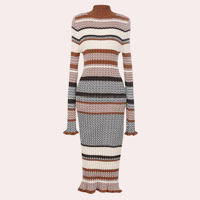 Striped Knit Maxi Dress  Wool Blend Turtleneck Design - Product showcase