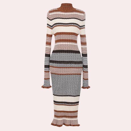 Striped Knit Maxi Dress  Wool Blend Turtleneck Design - Product detail 7