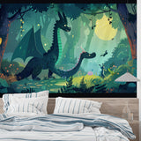 Dinosaur forest wallpaper creating a cozy atmosphere in a modern nursery with soft lighting