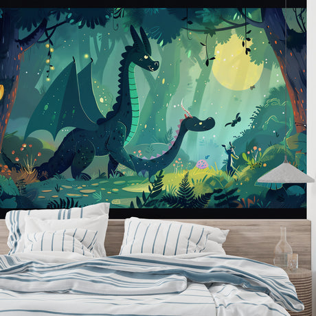 Dinosaur forest wallpaper creating a cozy atmosphere in a modern nursery with soft lighting