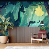 Kids bedroom with magical dinosaur wall mural showing glowing moonlight effects