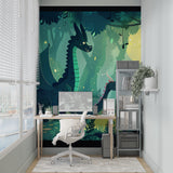 Fantasy dinosaur mural bringing enchantment to a reading nook with floating fireflies