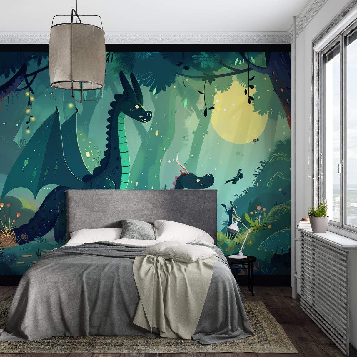 Playroom featuring night scene dinosaur wallpaper with gentle teal and emerald tones