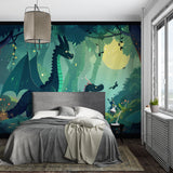Playroom featuring night scene dinosaur wallpaper with gentle teal and emerald tones