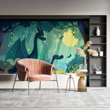Children's bedroom transformed by enchanted forest wallpaper with friendly dragons