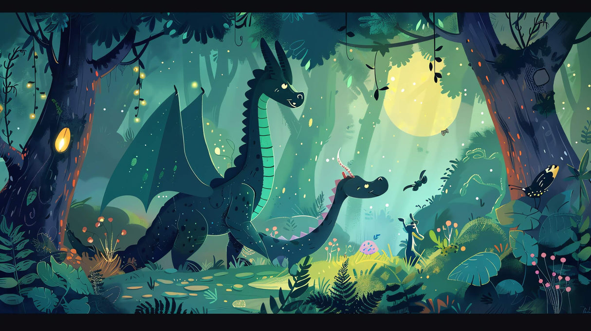 Dinosaur forest wallpaper design file showing intricate details and moonlit magical scene