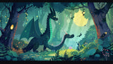 Dinosaur forest wallpaper design file showing intricate details and moonlit magical scene
