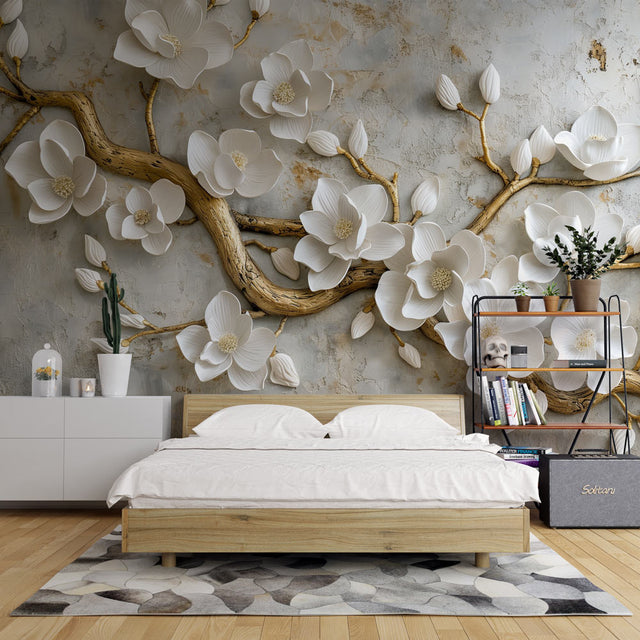 Elegant 3D white magnolia wallpaper with gold branches creating a stunning focal point in a bright modern living room
