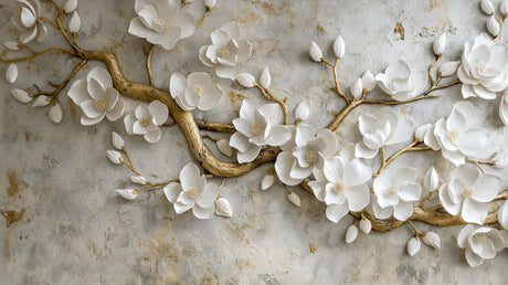 White magnolia and gold branch design file showing intricate 3D flower details and metallic accents