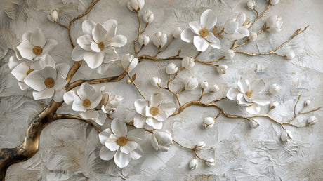 Stunning 3D white magnolia wallpaper creating elegance in a bright modern living room with grey sofa and golden accents