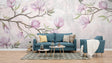 Pink Magnolia wallpaper mural in bright modern bedroom creating peaceful atmosphere