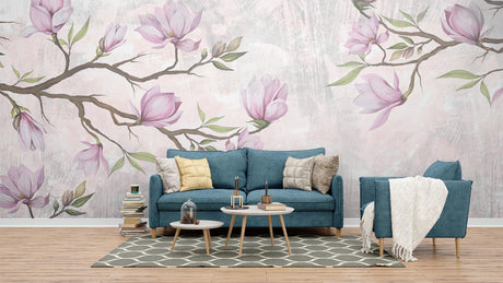 Pink Magnolia wallpaper mural in bright modern bedroom creating peaceful atmosphere