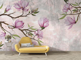 Floral wall mural featuring pink magnolias in elegant dining room setting