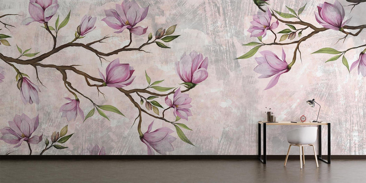 Watercolor magnolia wallpaper bringing spring feeling to home office space