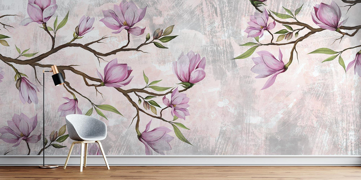 Pink floral mural wallpaper transforming living room with soft botanical design