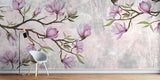 Pink floral mural wallpaper transforming living room with soft botanical design