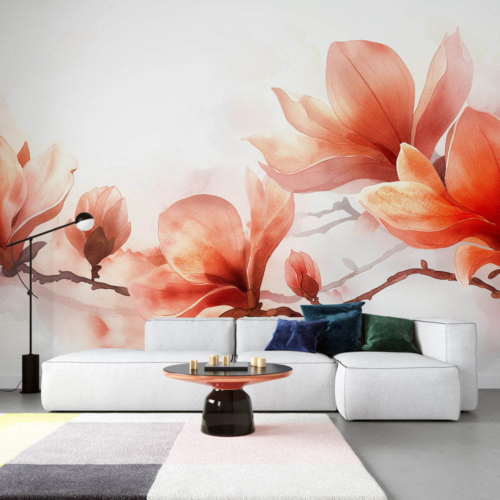 Magnolia wall mural creating a fresh spring feel in a bright modern living room with coral watercolor blooms