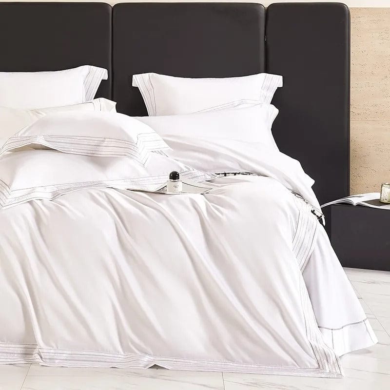 Egyptian Cotton Duvet Cover  Premium White With Striped Border - Detailed view