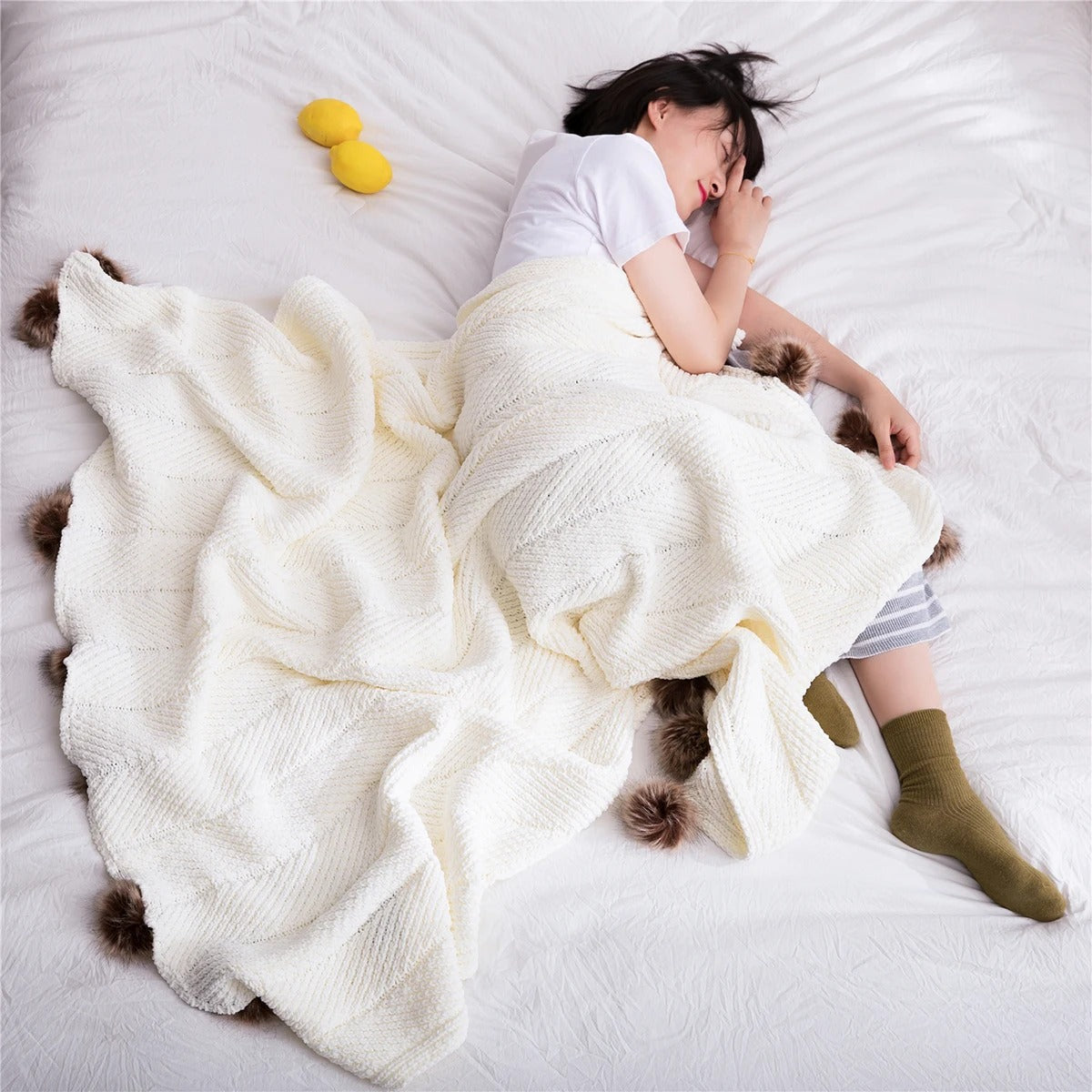 Chunky Knit Throw Blanket  Chenille Pom Pom Design - Product example
