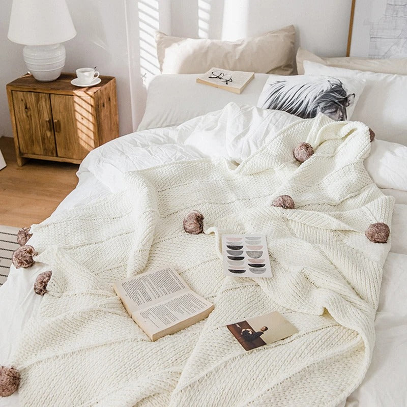 Chunky Knit Throw Blanket  Chenille Pom Pom Design - Detailed view