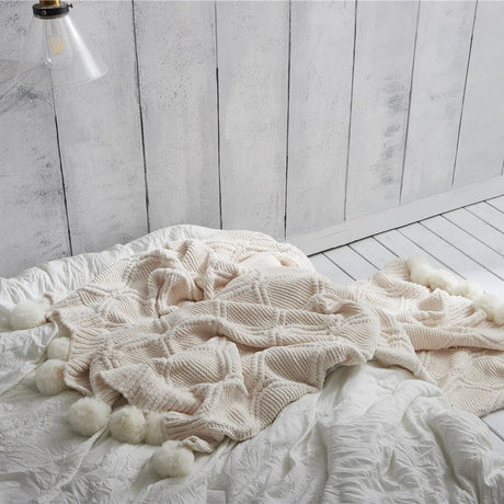 Chunky Knit Throw Blanket  Chenille Pom Pom Design - Product showcase