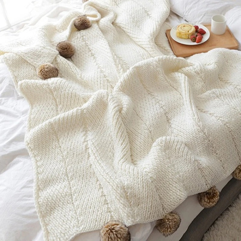 Chunky Knit Throw Blanket  Chenille Pom Pom Design - Product detail 4