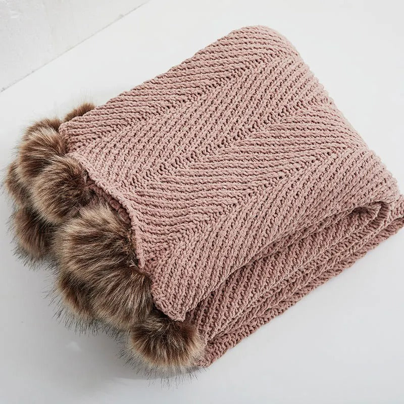 Chunky Knit Throw Blanket  Chenille Pom Pom Design - Product detail 5