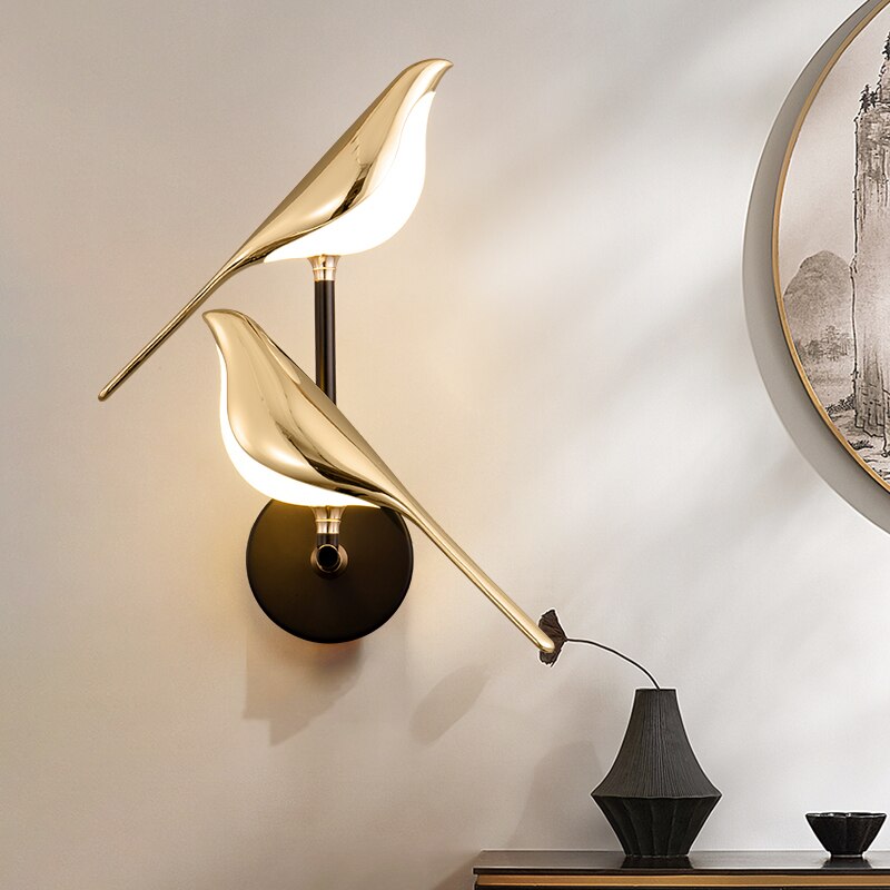 Bird Wall Lamp  Gold Metal and White Glass Design - Detailed view