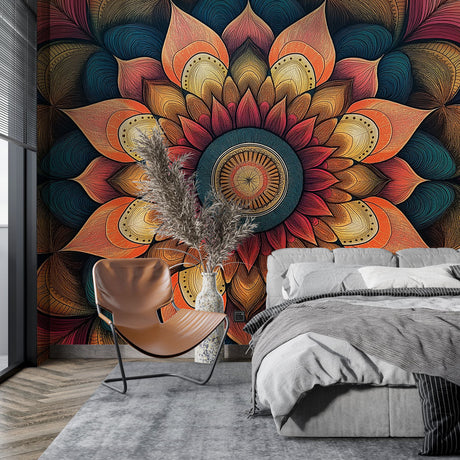 Mandala wall mural creating a stunning focal point in a modern living room with sunset-colored bohemian design