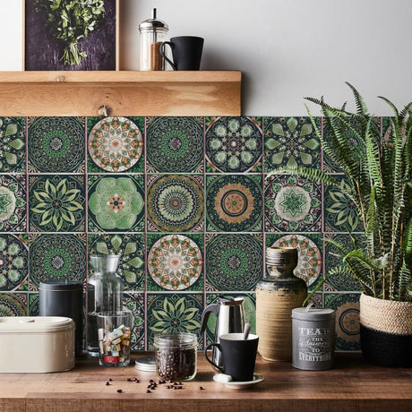 Green and gold mandala wallpaper creating a luxurious atmosphere in a modern living room with natural light