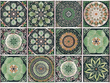 Green and gold geometric mandala pattern design file showing intricate details and metallic accents