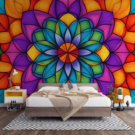 Vibrant rainbow mandala wallpaper creating a stunning focal point in a modern meditation room with natural light