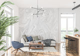 Elegant dining room featuring grey marble effect wallpaper creating sophisticated atmosphere