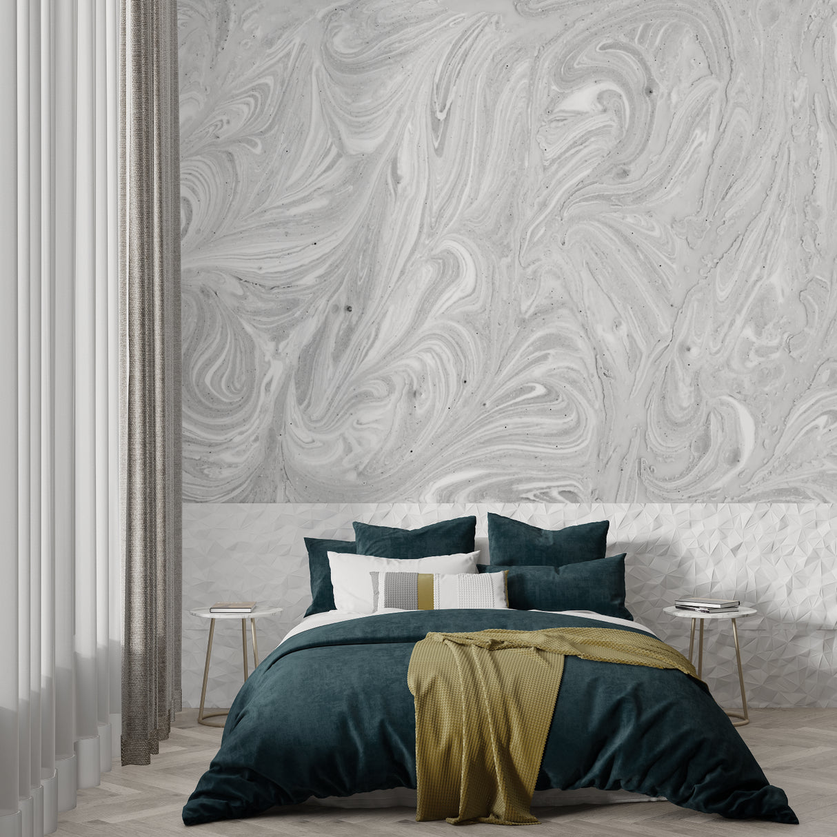 Hallway transformed with flowing grey marble wallpaper design