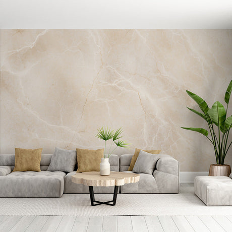 Marble effect wallpaper in modern dining room showing beige natural stone pattern with gentle veining