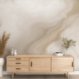 Marble wave wallpaper in modern living room showing fluid beige patterns creating depth and movement