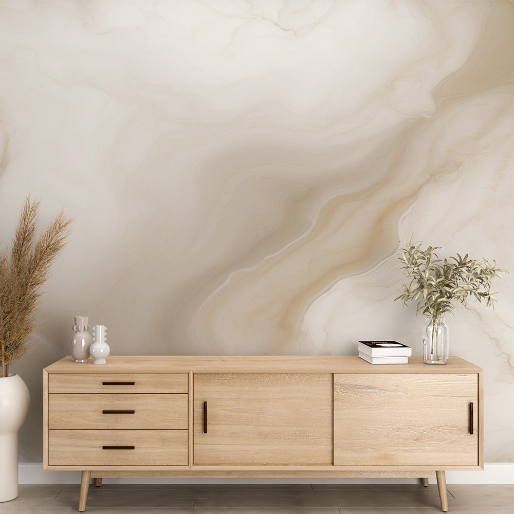 Marble wave wallpaper in modern living room showing fluid beige patterns creating depth and movement